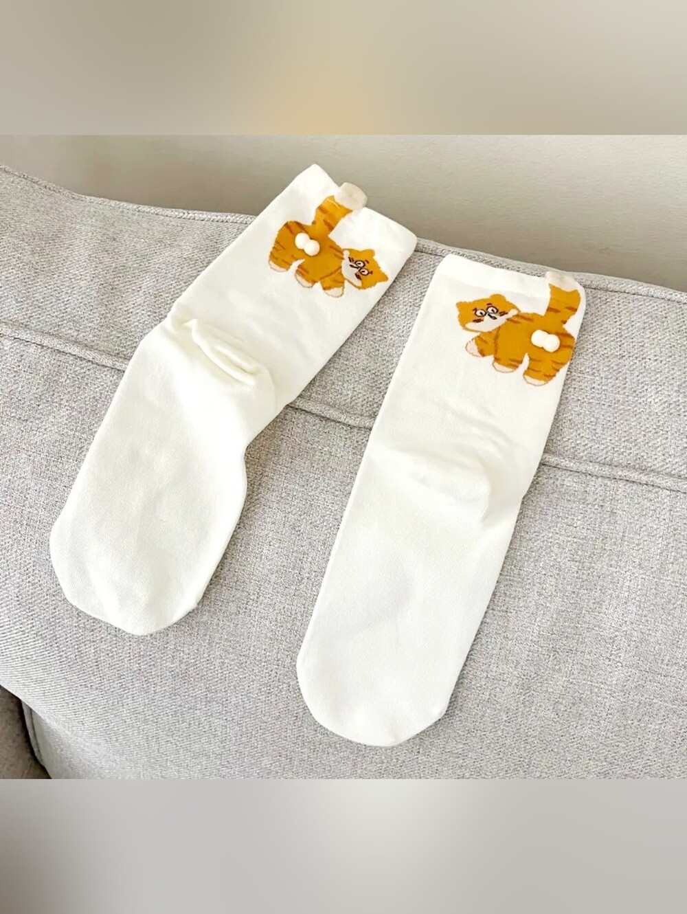 Three Pairs Cute Cat Crew Socks - Gray, Cream, Black - Picture 4 of 5